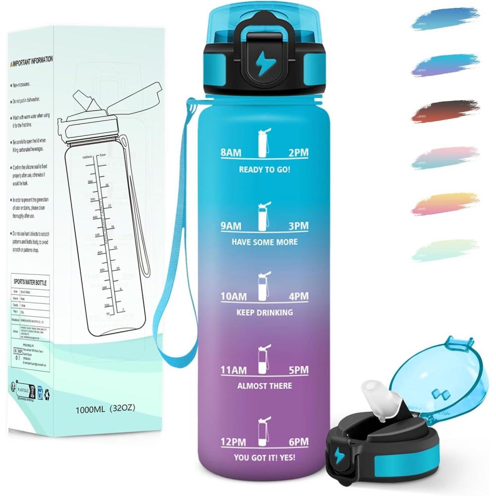 imageMotswedi Gourde 1l avec Paille Gourde Sport AntiFuite Bouteille Rutilisable Bouteille deau avec Marqueur de Temps pour Fitness Yoga Sport Camping Gym Travail Bleu Vert 3245CBleuviolet1000ml