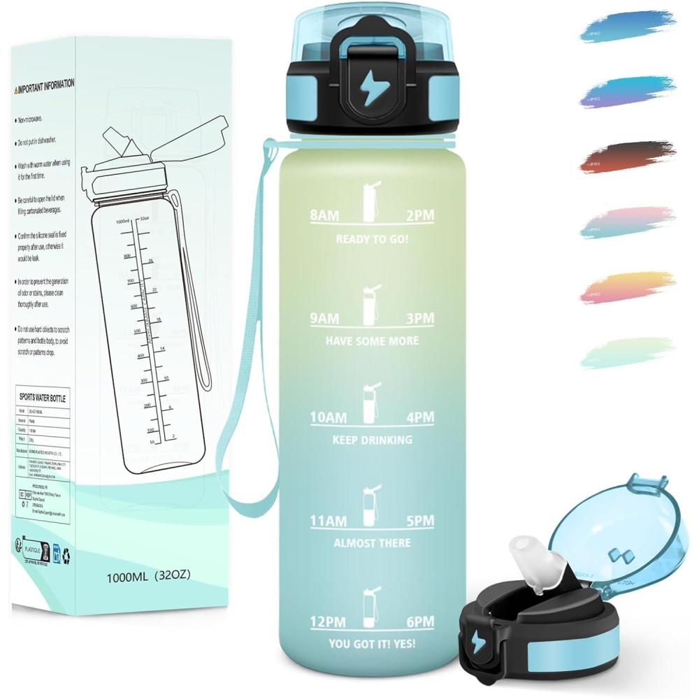 imageMotswedi Gourde 1l avec Paille Gourde Sport AntiFuite Bouteille Rutilisable Bouteille deau avec Marqueur de Temps pour Fitness Yoga Sport Camping Gym Travail Bleu Vert 3245CGivreciel1000ml