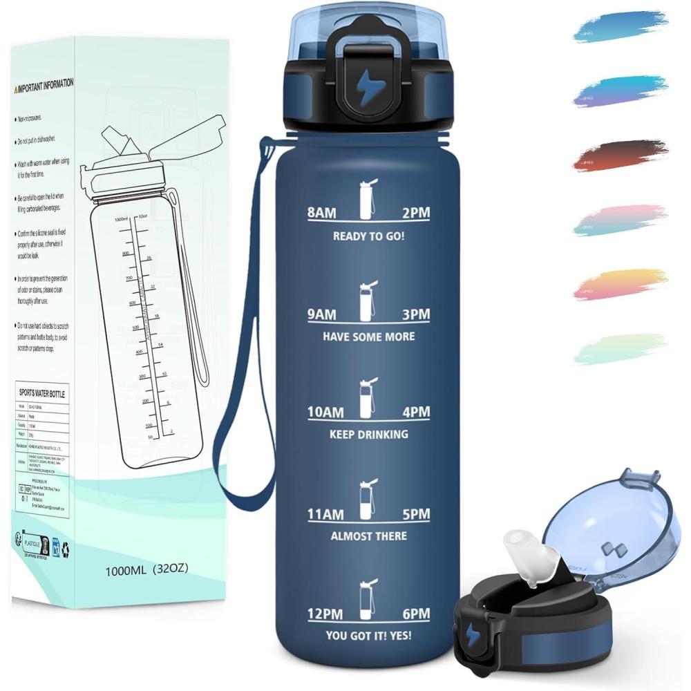 imageMotswedi Gourde 1l avec Paille Gourde Sport AntiFuite Bouteille Rutilisable Bouteille deau avec Marqueur de Temps pour Fitness Yoga Sport Camping Gym Travail Bleu Vert 3245CBleumarine 295c1000ml