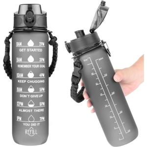 AiQInu Gourde Sport 1L, Bouteille d&rsquo;eau avec Marqueur de Temps et sans BPA, étanche, Verrouillage Sécurisé, Poignée de Transport Tressée avec Cordon Parapluie pour la Gym(Noir)