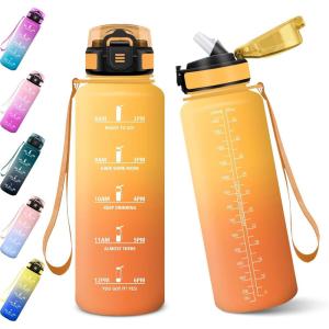 Gourde, 1000ML Gourde Paille Adulte, Sans BPA, Bouteille d&rsquo;eau de Motivation avec Marqueur de Temps, Bouteille Sport pour Salle de Sport, Aire Libre, Yoga – Rose&Bleu ciel(Jaune&orange-1000ml)