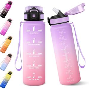 Gourde, 1000ML Gourde Paille Adulte, Sans BPA, Bouteille d&rsquo;eau de Motivation avec Marqueur de Temps, Bouteille Sport pour Salle de Sport, Aire Libre, Yoga – Rose&Bleu ciel(Violet Clair&rose Clair-1000ml)