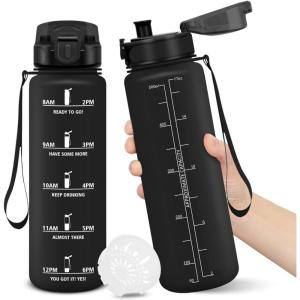 Gourde, 1500ML Sans BPA, Gourde sport, Conception de Verrouillage Anti-Fuite, Bouteille, Avec Horodatage, Bouteille Eau pour École, Yoga, En cours d&rsquo;exécution, Escalader Des Montagnes – VertPoudre(Noir-500ml)