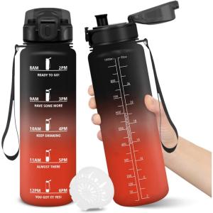 Gourde, 1500ML Sans BPA, Gourde sport, Conception de Verrouillage Anti-Fuite, Bouteille, Avec Horodatage, Bouteille Eau pour École, Yoga, En cours d&rsquo;exécution, Escalader Des Montagnes – VertPoudre(Noirrouge-1000ml)