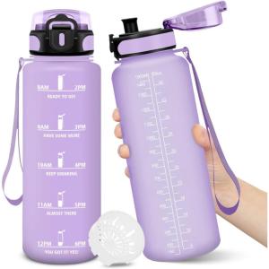 Gourde, 1500ML Sans BPA, Gourde sport, Conception de Verrouillage Anti-Fuite, Bouteille, Avec Horodatage, Bouteille Eau pour École, Yoga, En cours d&rsquo;exécution, Escalader Des Montagnes – VertPoudre(Violetclair-1500ml)