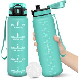Gourde, 1500ML Sans BPA, Gourde sport, Conception de Verrouillage Anti-Fuite, Bouteille, Avec Horodatage, Bouteille Eau pour École, Yoga, En cours d&rsquo;exécution, Escalader Des Montagnes – VertPoudre(Bleuvert-1000ml)