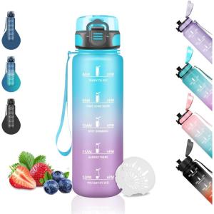 Gourde 1.5L, Sport, Filtrante Anti-Fuite, Motivation avec Slogan, Camping et Randonnée, Facile à Nettoyer, Fitness, Extérieur, Running, Jaune-Rose(Bleu-violet)