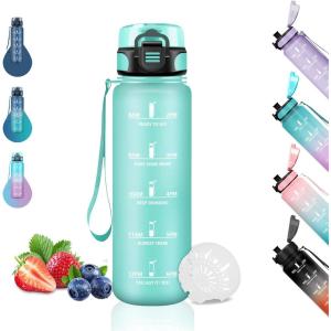 Gourde 1.5L, Sport, Filtrante Anti-Fuite, Motivation avec Slogan, Camping et Randonnée, Facile à Nettoyer, Fitness, Extérieur, Running, Jaune-Rose(Vert)