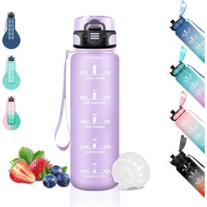 Gourde 1.5L, Sport, Filtrante Anti-Fuite, Motivation avec Slogan, Camping et Randonnée, Facile à Nettoyer, Fitness, Extérieur, Running, Jaune-Rose(Violet)