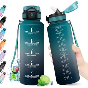 Gourde Sport 500ml, Bouteille Sport Étanche, Gourde avec Paille et Marqueur de Temps, Bouteille Réutilisable, Gourde sans BPA, Bouteille d&rsquo;eau pour Enfant, Bureau, Fitness, Randonnée, Yoga, Camping(1500ml Vert Foncé + Gris)