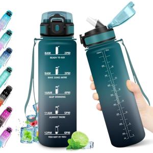 Gourde Sport 500ml, Bouteille Sport Étanche, Gourde avec Paille et Marqueur de Temps, Bouteille Réutilisable, Gourde sans BPA, Bouteille d&rsquo;eau pour Enfant, Bureau, Fitness, Randonnée, Yoga, Camping(1000ml Vert Foncé + Gris)