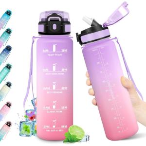 Gourde Sport 500ml, Bouteille Sport Étanche, Gourde avec Paille et Marqueur de Temps, Bouteille Réutilisable, Gourde sans BPA, Bouteille d&rsquo;eau pour Enfant, Bureau, Fitness, Randonnée, Yoga, Camping(1000ml Violet Clair + Rose Clair)