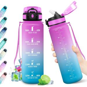 Gourde Sport 500ml, Bouteille Sport Étanche, Gourde avec Paille et Marqueur de Temps, Bouteille Réutilisable, Gourde sans BPA, Bouteille d&rsquo;eau pour Enfant, Bureau, Fitness, Randonnée, Yoga, Camping(1000ml Rose + Cyan)