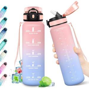 Gourde Sport 500ml, Bouteille Sport Étanche, Gourde avec Paille et Marqueur de Temps, Bouteille Réutilisable, Gourde sans BPA, Bouteille d&rsquo;eau pour Enfant, Bureau, Fitness, Randonnée, Yoga, Camping(1000ml Rose + Bleu Ciel)