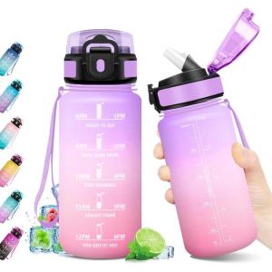 Gourde Sport 500ml, Bouteille Sport Étanche, Gourde avec Paille et Marqueur de Temps, Bouteille Réutilisable, Gourde sans BPA, Bouteille d&rsquo;eau pour Enfant, Bureau, Fitness, Randonnée, Yoga, Camping(500ml Violet Clair + Rose Clair)