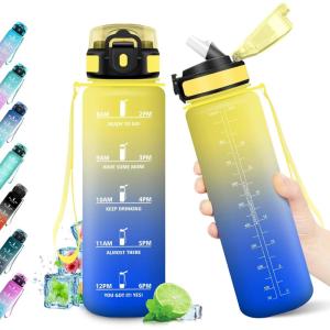 Gourde Sport 500ml, Bouteille Sport Étanche, Gourde avec Paille et Marqueur de Temps, Bouteille Réutilisable, Gourde sans BPA, Bouteille d&rsquo;eau pour Enfant, Bureau, Fitness, Randonnée, Yoga, Camping(1000ml Jaune + Bleu Roi)