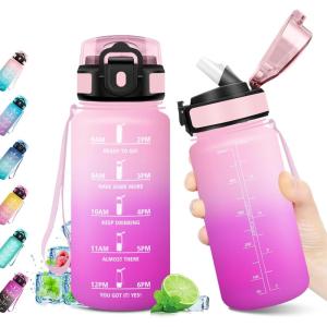 Gourde Sport 500ml, Bouteille Sport Étanche, Gourde avec Paille et Marqueur de Temps, Bouteille Réutilisable, Gourde sans BPA, Bouteille d&rsquo;eau pour Enfant, Bureau, Fitness, Randonnée, Yoga, Camping(500ml Rose Clair + Rose)