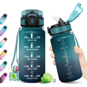 Gourde Sport 500ml, Bouteille Sport Étanche, Gourde avec Paille et Marqueur de Temps, Bouteille Réutilisable, Gourde sans BPA, Bouteille d&rsquo;eau pour Enfant, Bureau, Fitness, Randonnée, Yoga, Camping(500ml Vert Foncé + Gris)