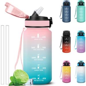 Grsta Gourde 1l, Anti Fuite Gourde Sport avec Paille, Verrou de Sécurité, Gourdes Motivationnelle, Facile à Nettoyer, Bouteille d&rsquo;eau avec Marqueur de Temps pour Cyclisme, Gym, Yoga(Rose-vert)
