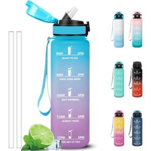 Grsta Gourde 1l, Anti Fuite Gourde Sport avec Paille, Verrou de Sécurité, Gourdes Motivationnelle, Facile à Nettoyer, Bouteille d&rsquo;eau avec Marqueur de Temps pour Cyclisme, Gym, Yoga(Bleu-violet)