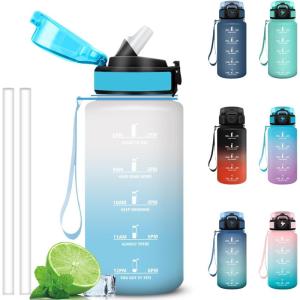 Grsta Gourde 1l, Anti Fuite Gourde Sport avec Paille, Verrou de Sécurité, Gourdes Motivationnelle, Facile à Nettoyer, Bouteille d&rsquo;eau avec Marqueur de Temps pour Cyclisme, Gym, Yoga(Blanc-bleu)