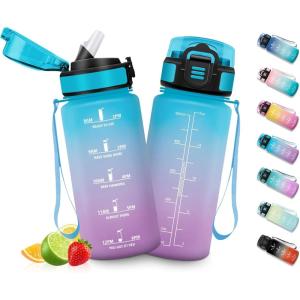 HoneyHolly Gourde Enfant 500 Ml, sans BPA, Water Bottle avec Paille, Anti-fuite, Bouteille d&rsquo;eau Motivante avec Marqueur de Temps, Gourde Graduée, Bouteille pour Gymnase, École, Cyclisme(Bleu Violet – 500ml)