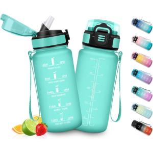 HoneyHolly Gourde Enfant 500 Ml, sans BPA, Water Bottle avec Paille, Anti-fuite, Bouteille d&rsquo;eau Motivante avec Marqueur de Temps, Gourde Graduée, Bouteille pour Gymnase, École, Cyclisme(Bleu Vert – 500ml)