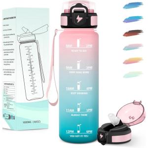 Motswedi Gourde 1l, avec Paille, Gourde Sport, Anti-Fuite, Bouteille, Réutilisable, Bouteille d&rsquo;eau, avec Marqueur de Temps, pour Fitness, Yoga, Sport, Camping, Gym, Travail, Bleu Vert 3245C(Rose&cyan-1000ml)