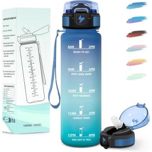 Motswedi Gourde 1l, avec Paille, Gourde Sport, Anti-Fuite, Bouteille, Réutilisable, Bouteille d&rsquo;eau, avec Marqueur de Temps, pour Fitness, Yoga, Sport, Camping, Gym, Travail, Bleu Vert 3245C(Bleu&vert-1000ml)
