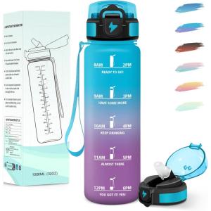 Motswedi Gourde 1l, avec Paille, Gourde Sport, Anti-Fuite, Bouteille, Réutilisable, Bouteille d&rsquo;eau, avec Marqueur de Temps, pour Fitness, Yoga, Sport, Camping, Gym, Travail, Bleu Vert 3245C(Bleu&violet-1000ml)