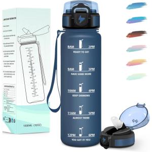 Motswedi Gourde 1l, avec Paille, Gourde Sport, Anti-Fuite, Bouteille, Réutilisable, Bouteille d&rsquo;eau, avec Marqueur de Temps, pour Fitness, Yoga, Sport, Camping, Gym, Travail, Bleu Vert 3245C(Bleumarine 295c-1000ml)