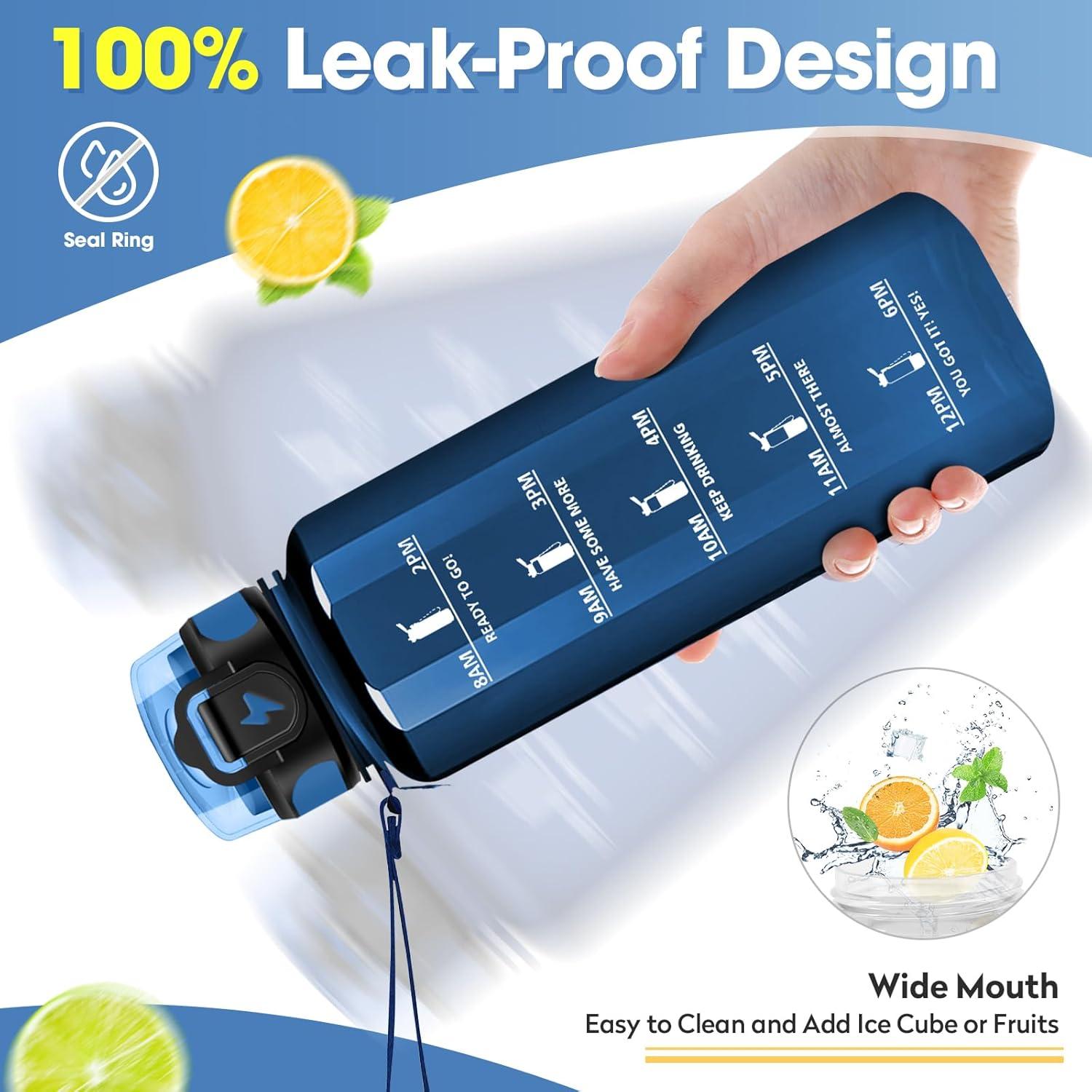 imageGourde 1L Gourde Sport Gourde avec Paille Rutilisable Rutilisable Bouteille deau avec Marqueur de Temps Water Bottle pour Adulte lcole Cyclisme Voyage Camping Fitness Yoga Bureau50oz1500ml Paille Transparent Bleu Fonc