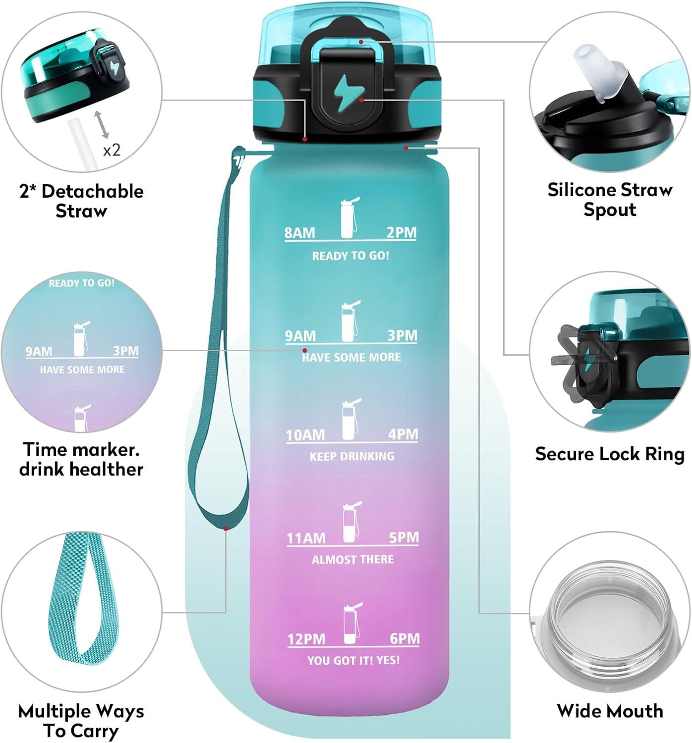 imageGourde 1L Gourde Sport Gourde avec Paille Rutilisable Rutilisable Bouteille deau avec Marqueur de Temps Water Bottle pour Adulte lcole Cyclisme Voyage Camping Fitness Yoga Bureau32oz1000ml Paille Vert Rose Clair