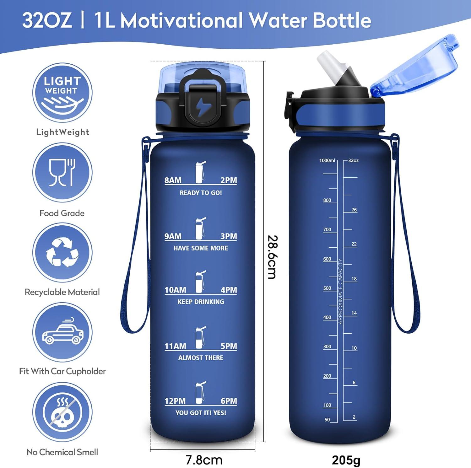 imageGourde 1L Gourde Sport Gourde avec Paille Rutilisable Rutilisable Bouteille deau avec Marqueur de Temps Water Bottle pour Adulte lcole Cyclisme Voyage Camping Fitness Yoga Bureau32oz1000ml Paille Mat Marine Bleu