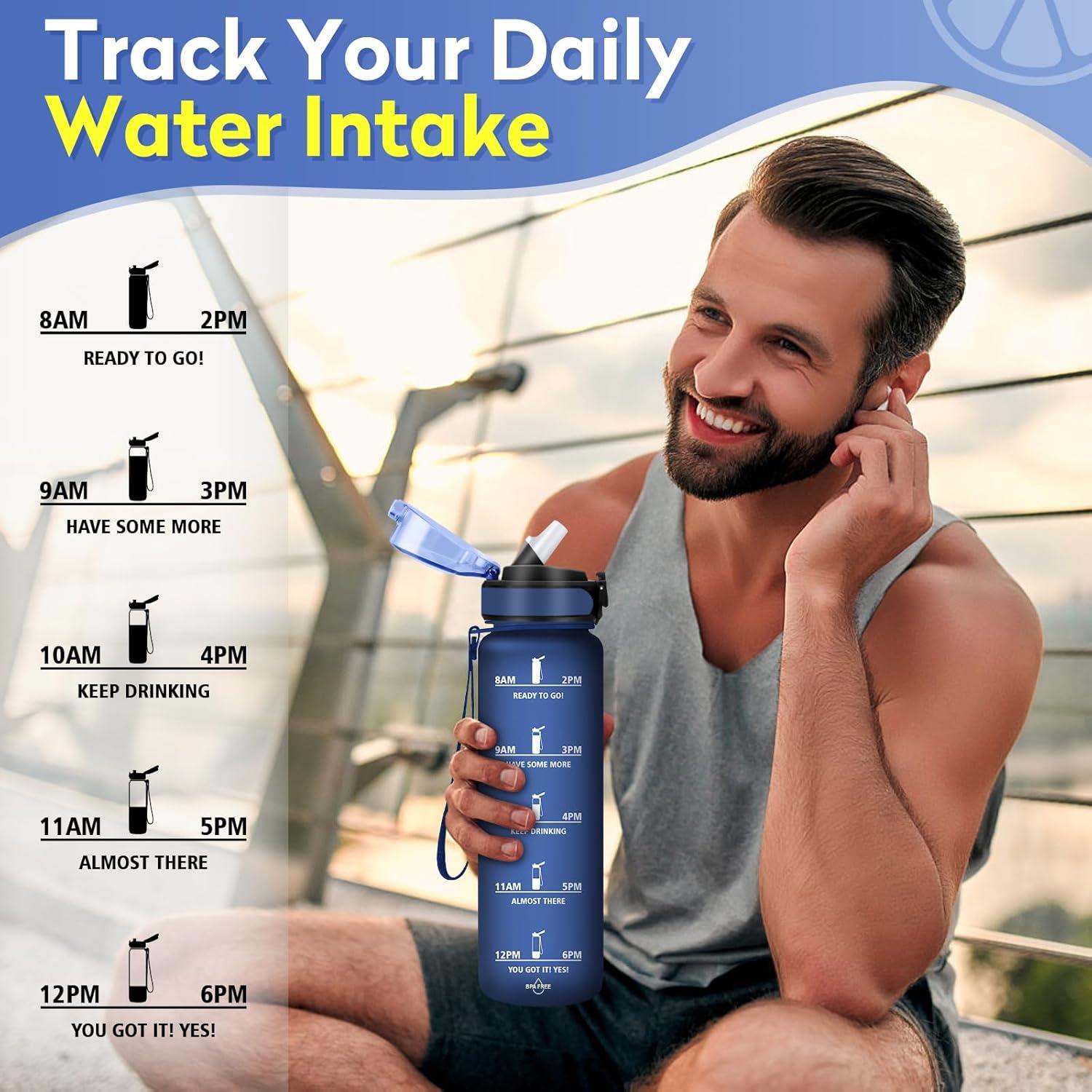 imageGourde 1L Gourde Sport Gourde avec Paille Rutilisable Rutilisable Bouteille deau avec Marqueur de Temps Water Bottle pour Adulte lcole Cyclisme Voyage Camping Fitness Yoga Bureau32oz1000ml Paille Mat Marine Bleu