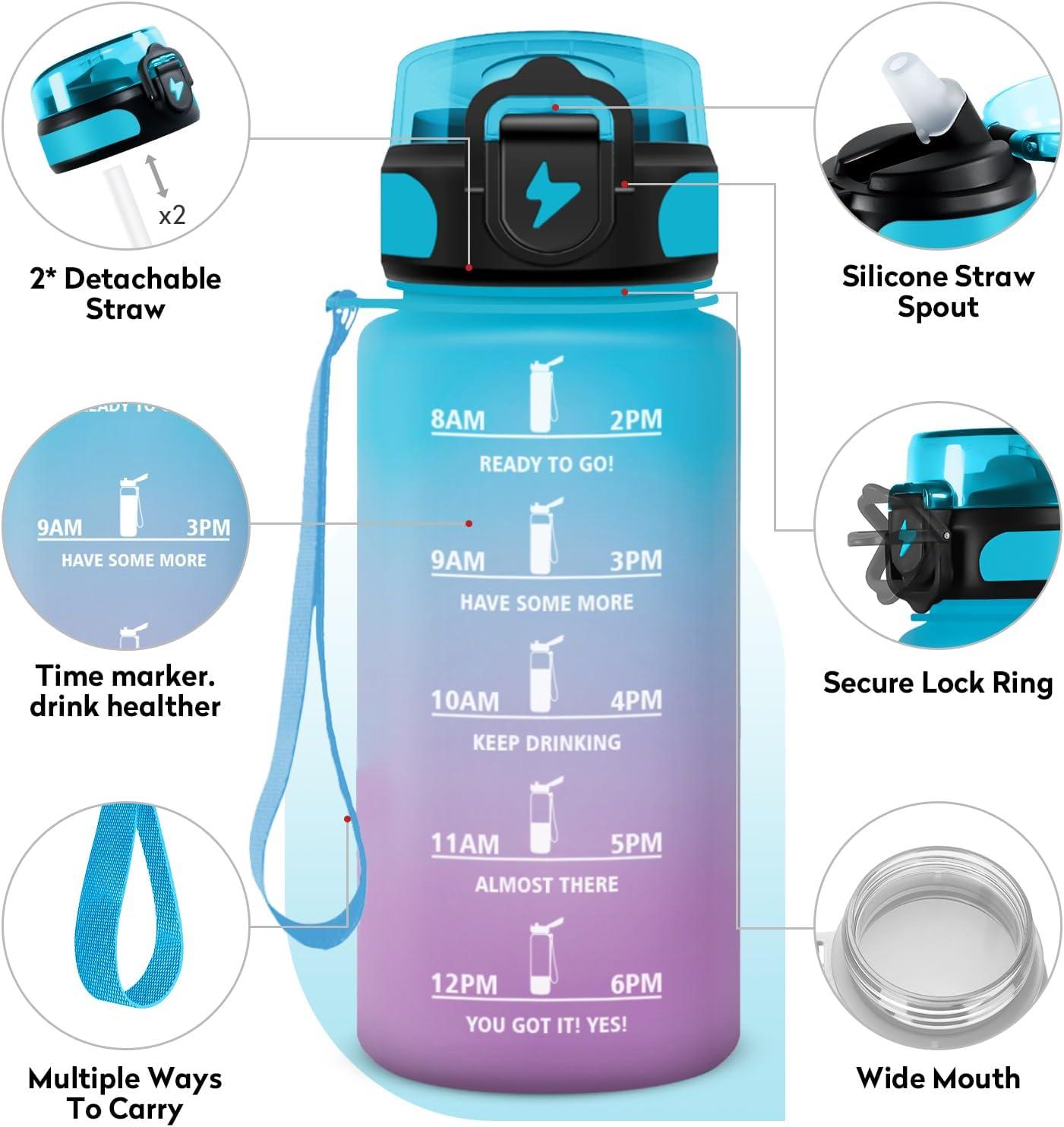 imageGourde 1L Gourde Sport Gourde avec Paille Rutilisable Rutilisable Bouteille deau avec Marqueur de Temps Water Bottle pour Adulte lcole Cyclisme Voyage Camping Fitness Yoga Bureau17oz500ml Paille Bleu Lilas