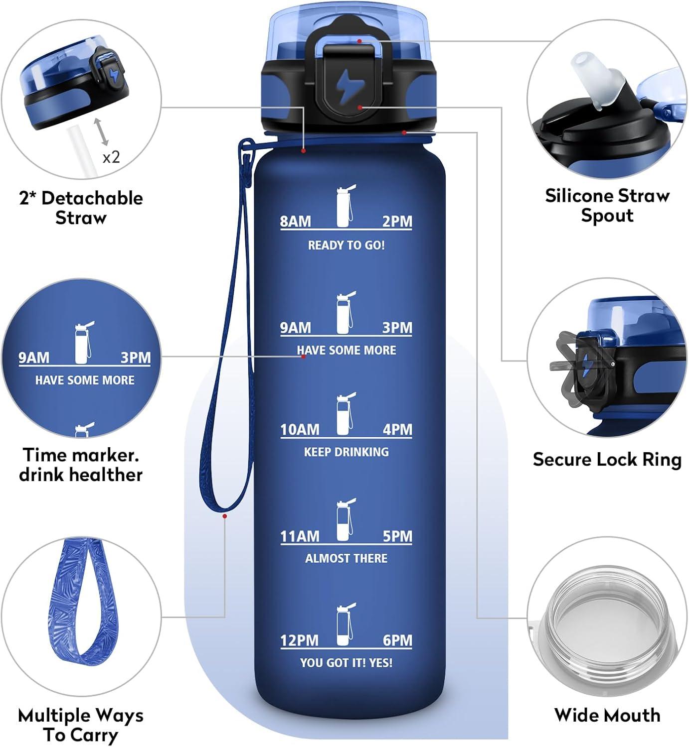 imageGourde 1L Gourde Sport Gourde avec Paille Rutilisable Rutilisable Bouteille deau avec Marqueur de Temps Water Bottle pour Adulte lcole Cyclisme Voyage Camping Fitness Yoga Bureau32oz1000ml Paille Mat Marine Bleu
