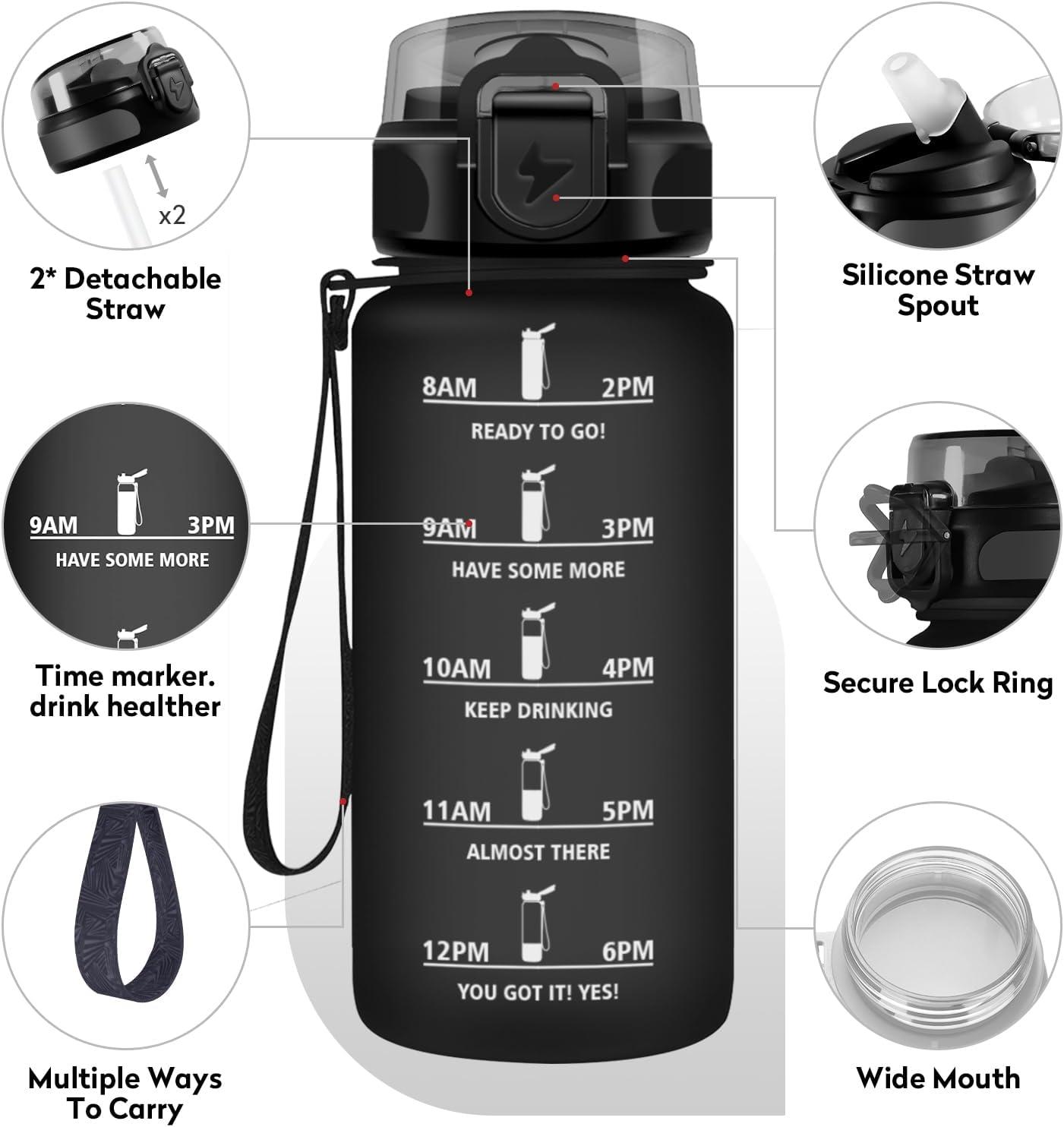 imageGourde 1L Gourde Sport Gourde avec Paille Rutilisable Rutilisable Bouteille deau avec Marqueur de Temps Water Bottle pour Adulte lcole Cyclisme Voyage Camping Fitness Yoga Bureau17oz500ml Paille Mat Noir