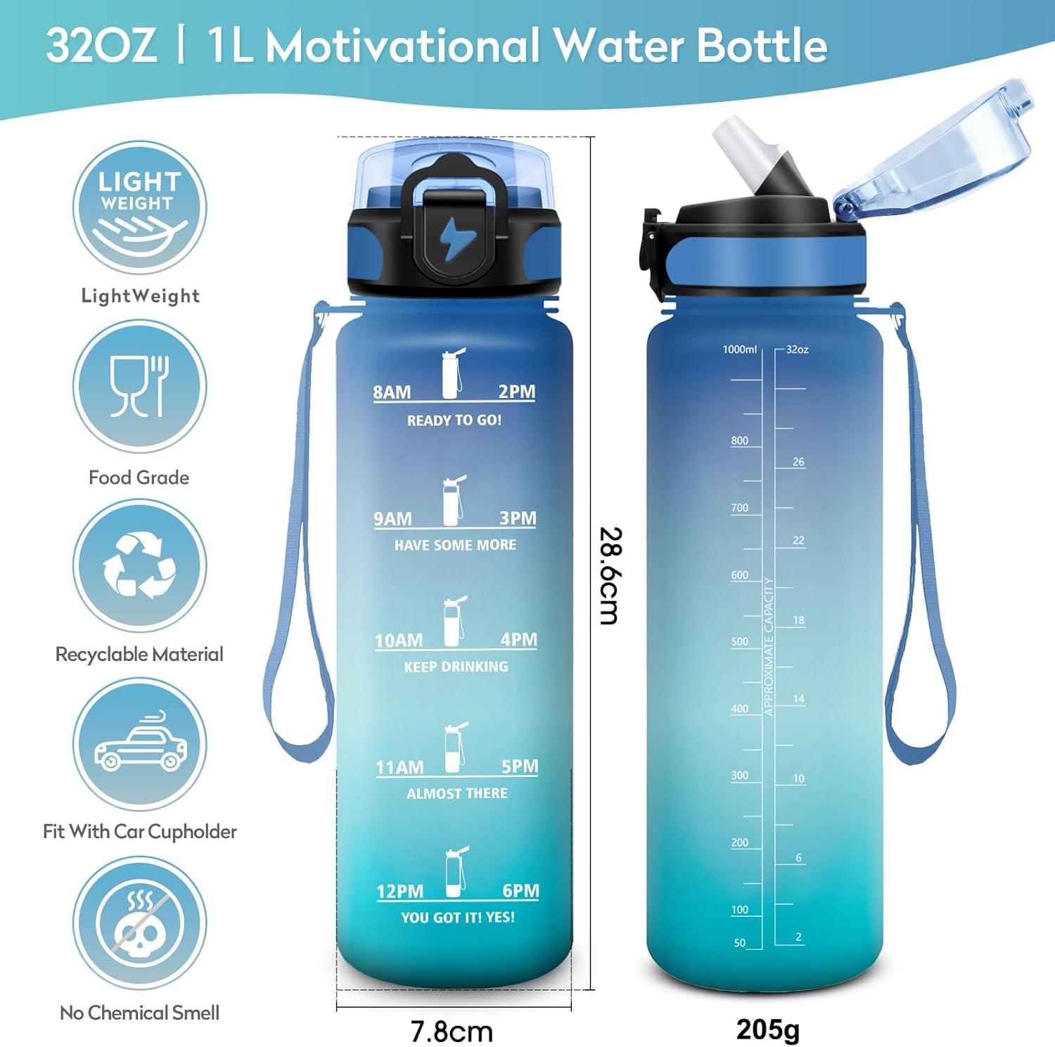 imageGourde 1L Gourde Sport Gourde avec Paille Rutilisable Rutilisable Bouteille deau avec Marqueur de Temps Water Bottle pour Adulte lcole Cyclisme Voyage Camping Fitness Yoga Bureau32oz1000ml Paille Bleu Vert