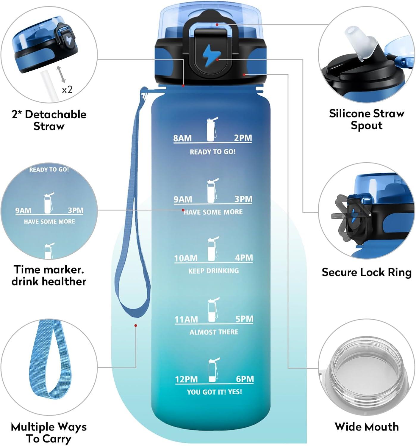 imageGourde 1L Gourde Sport Gourde avec Paille Rutilisable Rutilisable Bouteille deau avec Marqueur de Temps Water Bottle pour Adulte lcole Cyclisme Voyage Camping Fitness Yoga Bureau32oz1000ml Paille Bleu Vert