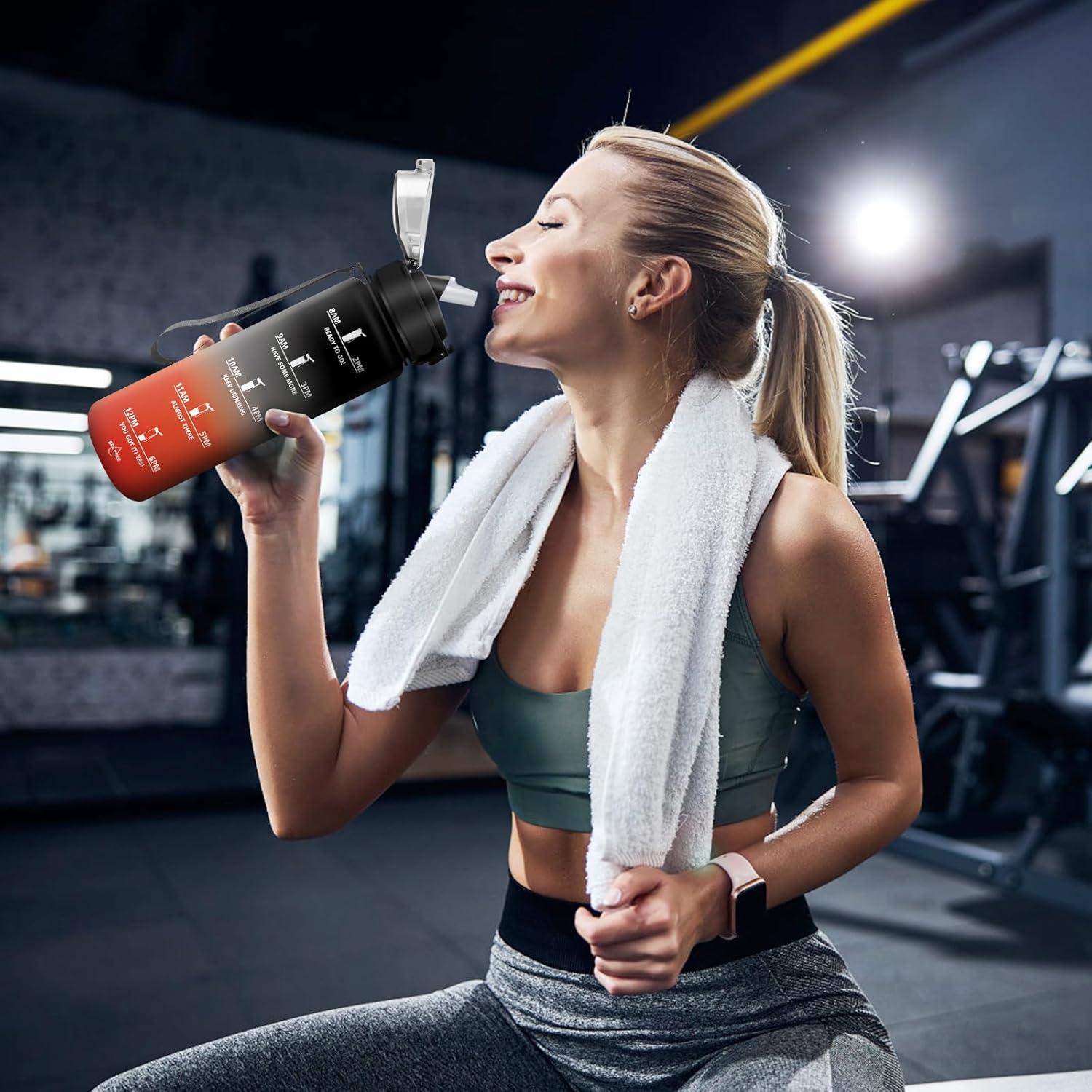 imageGourde 1L Gourde Sport Gourde avec Paille Rutilisable Rutilisable Bouteille deau avec Marqueur de Temps Water Bottle pour Adulte lcole Cyclisme Voyage Camping Fitness Yoga Bureau32oz1000ml Paille Noir Rouge