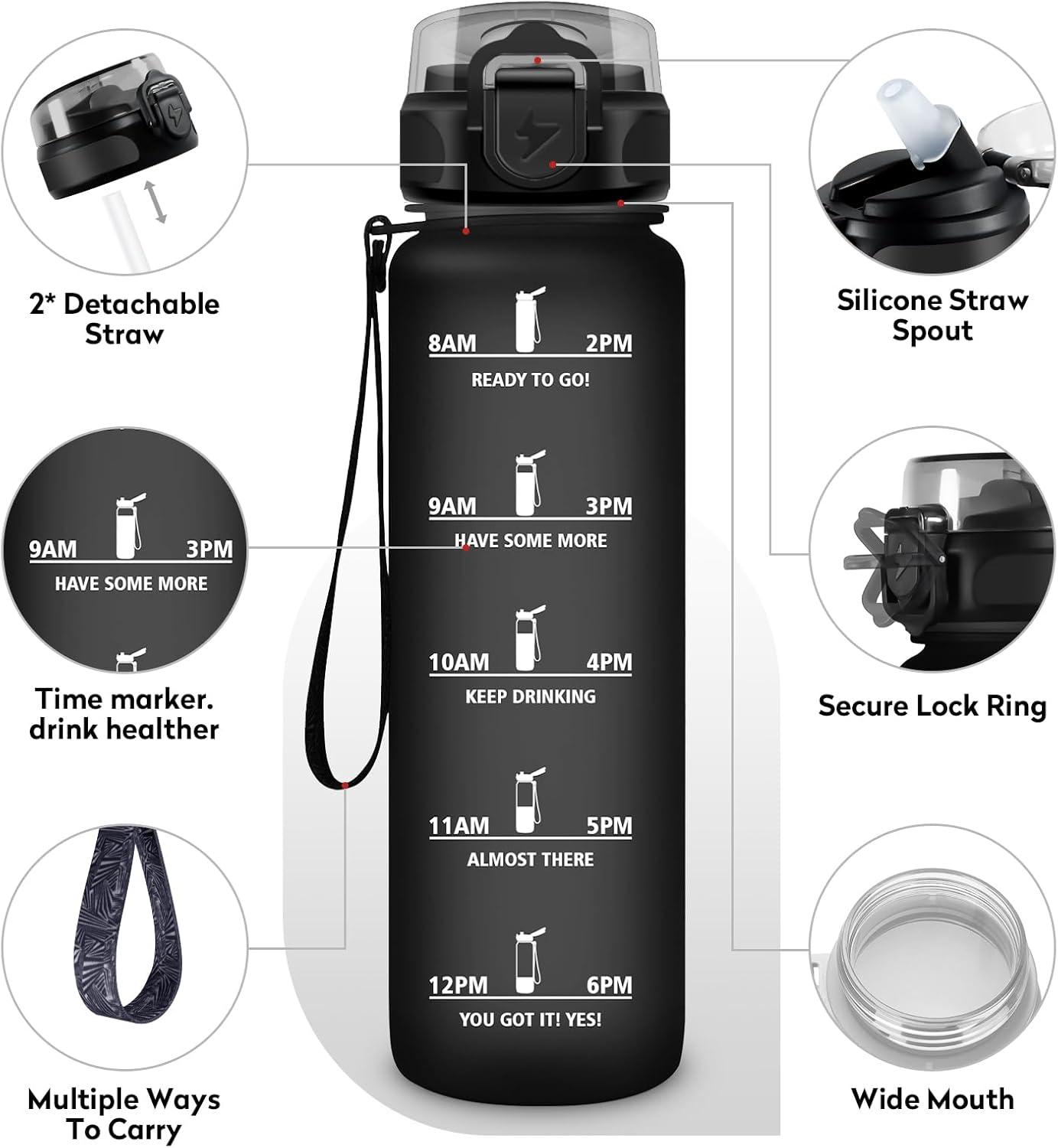 imageGourde 1L Gourde Sport Gourde avec Paille Rutilisable Rutilisable Bouteille deau avec Marqueur de Temps Water Bottle pour Adulte lcole Cyclisme Voyage Camping Fitness Yoga Bureau32oz1000ml Paille Mat Noir