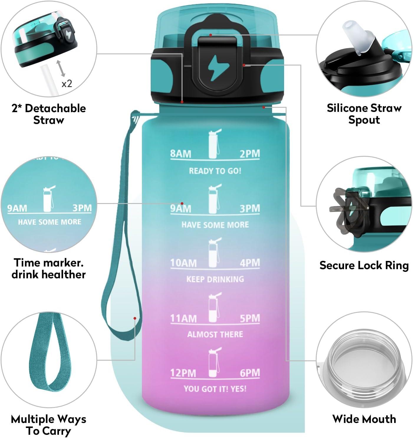 imageGourde 1L Gourde Sport Gourde avec Paille Rutilisable Rutilisable Bouteille deau avec Marqueur de Temps Water Bottle pour Adulte lcole Cyclisme Voyage Camping Fitness Yoga Bureau17oz500ml Paille Vert Rose Clair