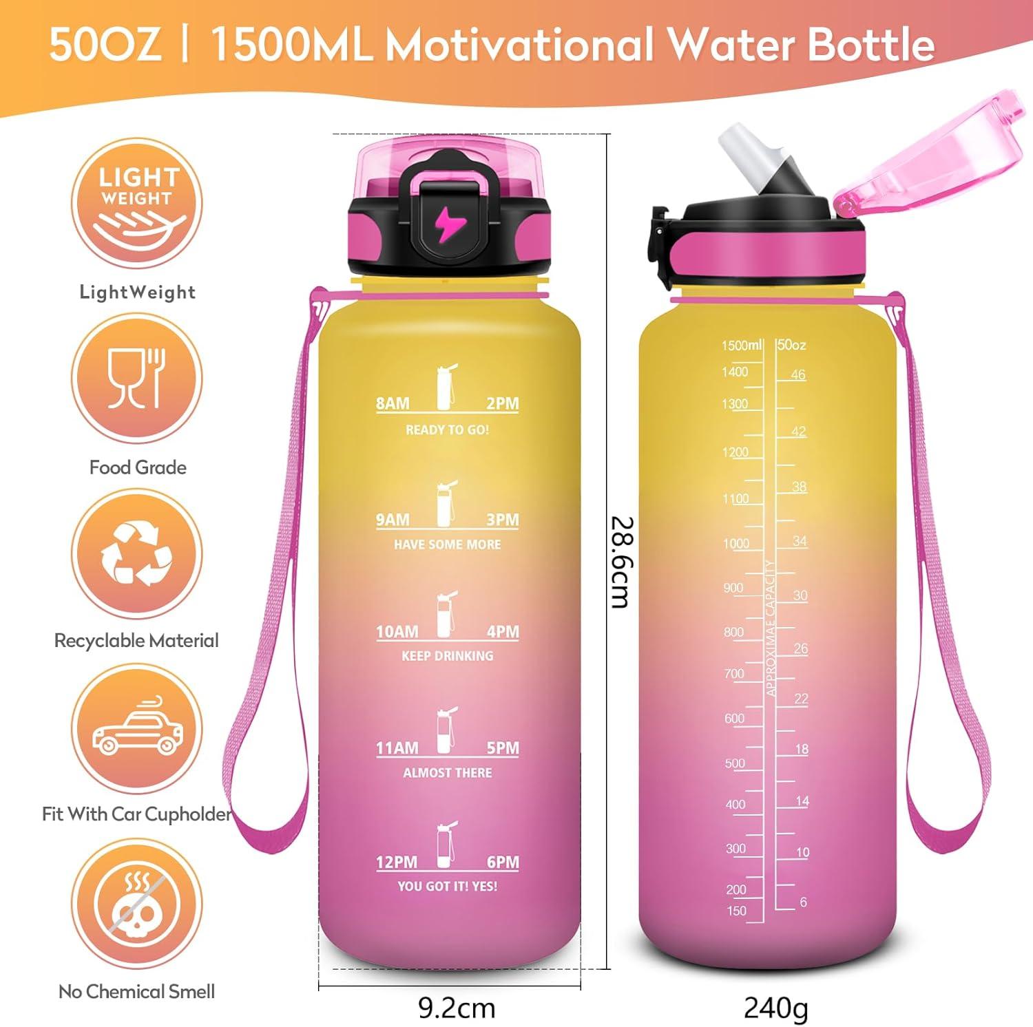 imageGourde 1L Gourde Sport Gourde avec Paille Rutilisable Rutilisable Bouteille deau avec Marqueur de Temps Water Bottle pour Adulte lcole Cyclisme Voyage Camping Fitness Yoga Bureau50oz1500ml Paille Jaune Rose