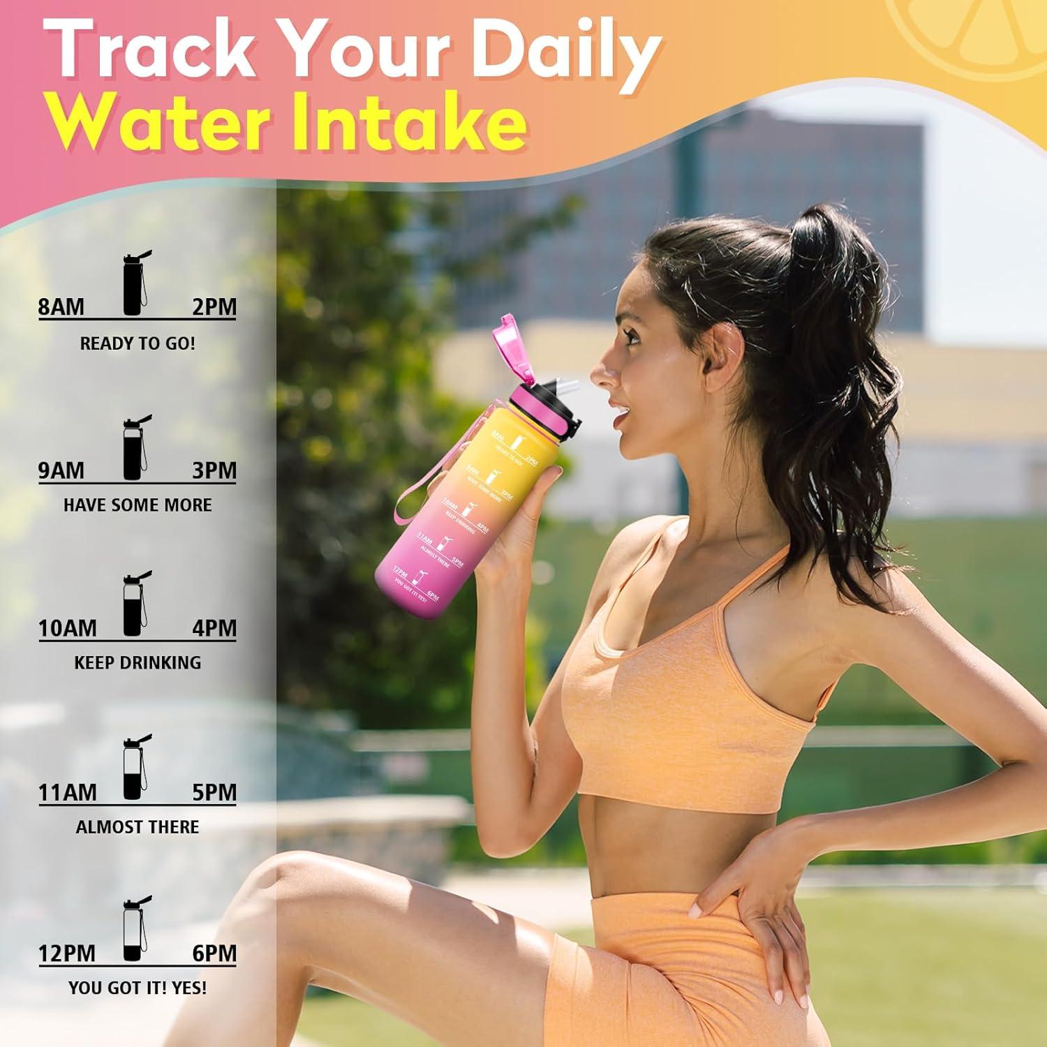 imageGourde 1L Gourde Sport Gourde avec Paille Rutilisable Rutilisable Bouteille deau avec Marqueur de Temps Water Bottle pour Adulte lcole Cyclisme Voyage Camping Fitness Yoga Bureau32oz1000ml Paille Jaune Rose