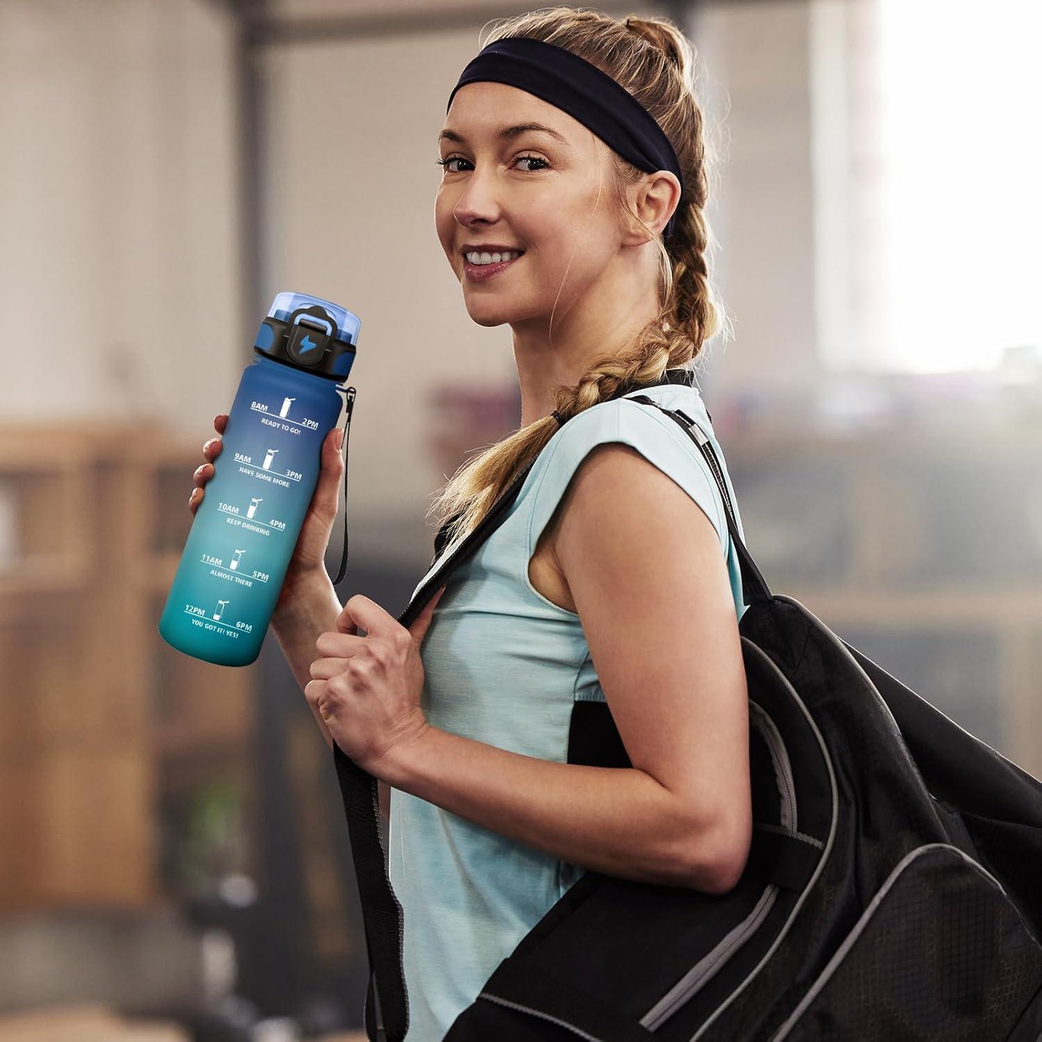 imageGourde 1L Gourde Sport Gourde avec Paille Rutilisable Rutilisable Bouteille deau avec Marqueur de Temps Water Bottle pour Adulte lcole Cyclisme Voyage Camping Fitness Yoga Bureau32oz1000ml Paille Bleu Vert