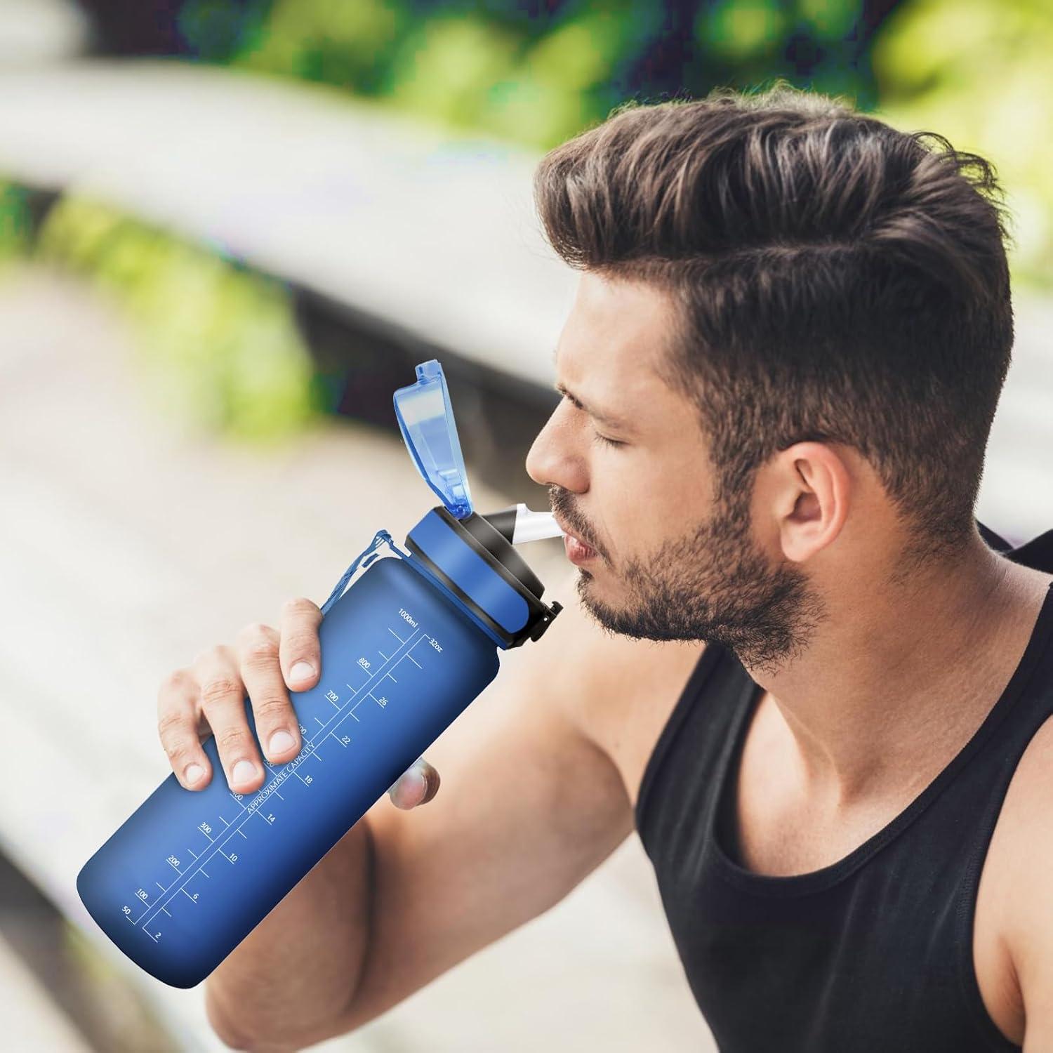 imageGourde 1L Gourde Sport Gourde avec Paille Rutilisable Rutilisable Bouteille deau avec Marqueur de Temps Water Bottle pour Adulte lcole Cyclisme Voyage Camping Fitness Yoga Bureau32oz1000ml Paille Mat Marine Bleu