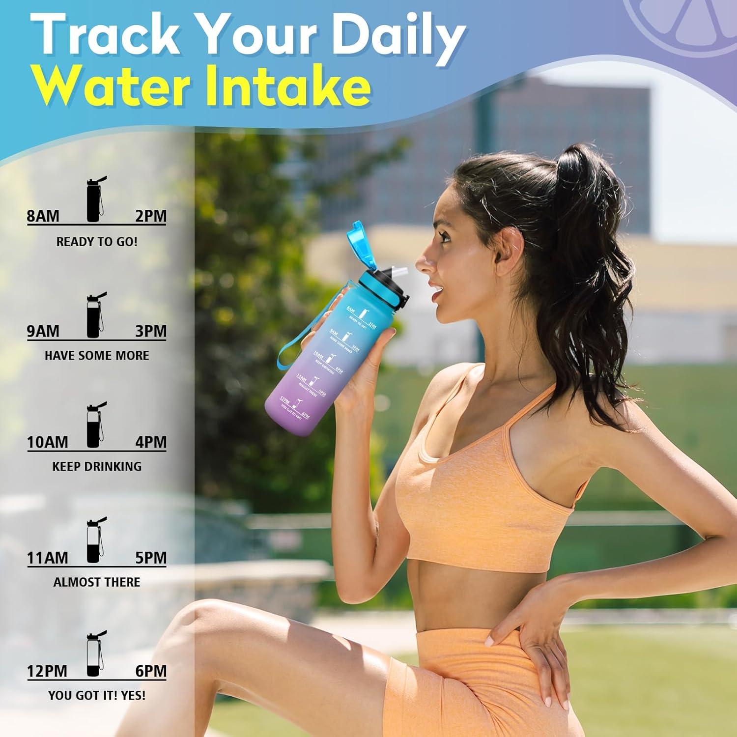 imageGourde 1L Gourde Sport Gourde avec Paille Rutilisable Rutilisable Bouteille deau avec Marqueur de Temps Water Bottle pour Adulte lcole Cyclisme Voyage Camping Fitness Yoga Bureau32oz1000ml Paille Bleu Lilas