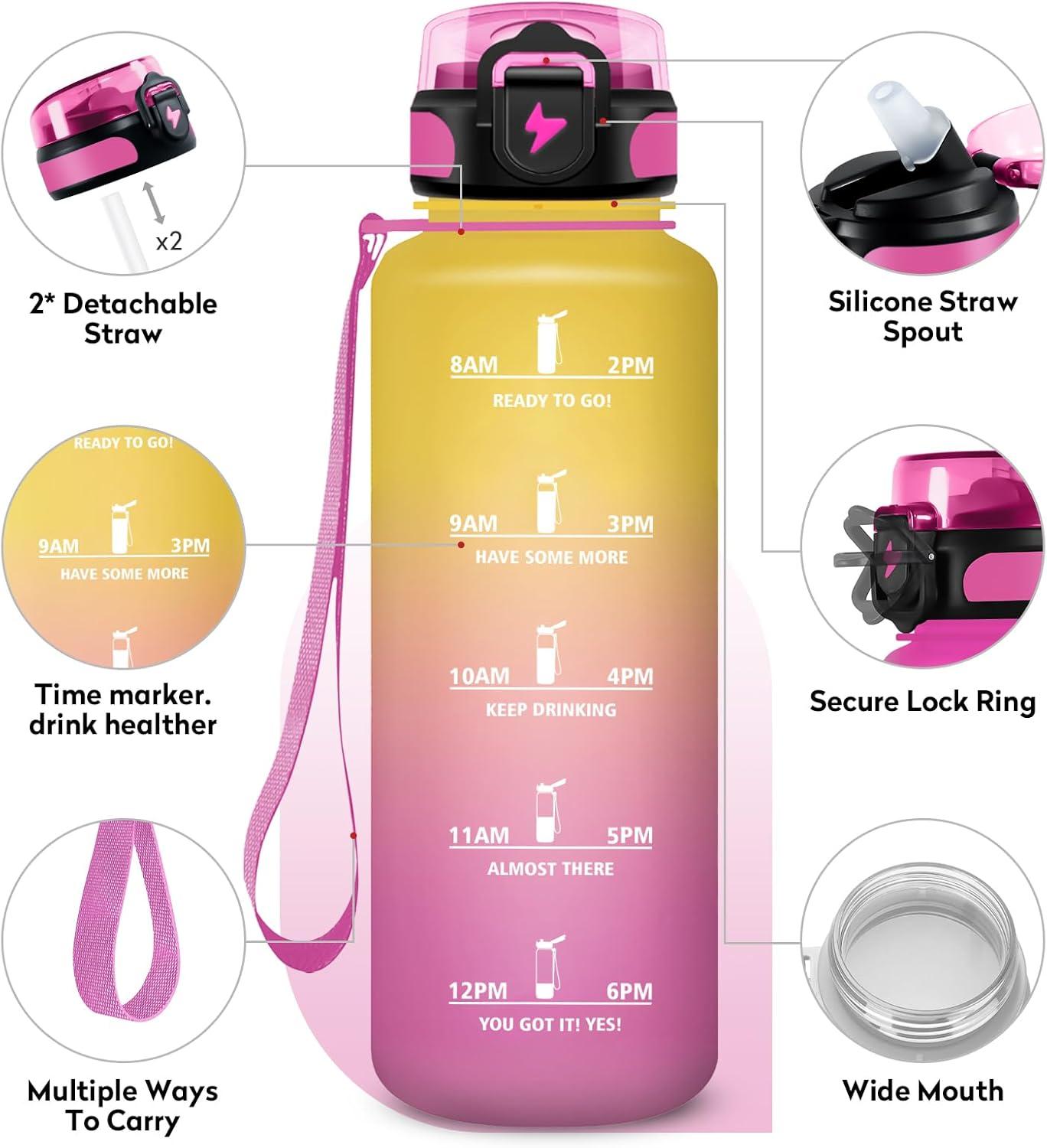 imageGourde 1L Gourde Sport Gourde avec Paille Rutilisable Rutilisable Bouteille deau avec Marqueur de Temps Water Bottle pour Adulte lcole Cyclisme Voyage Camping Fitness Yoga Bureau50oz1500ml Paille Jaune Rose