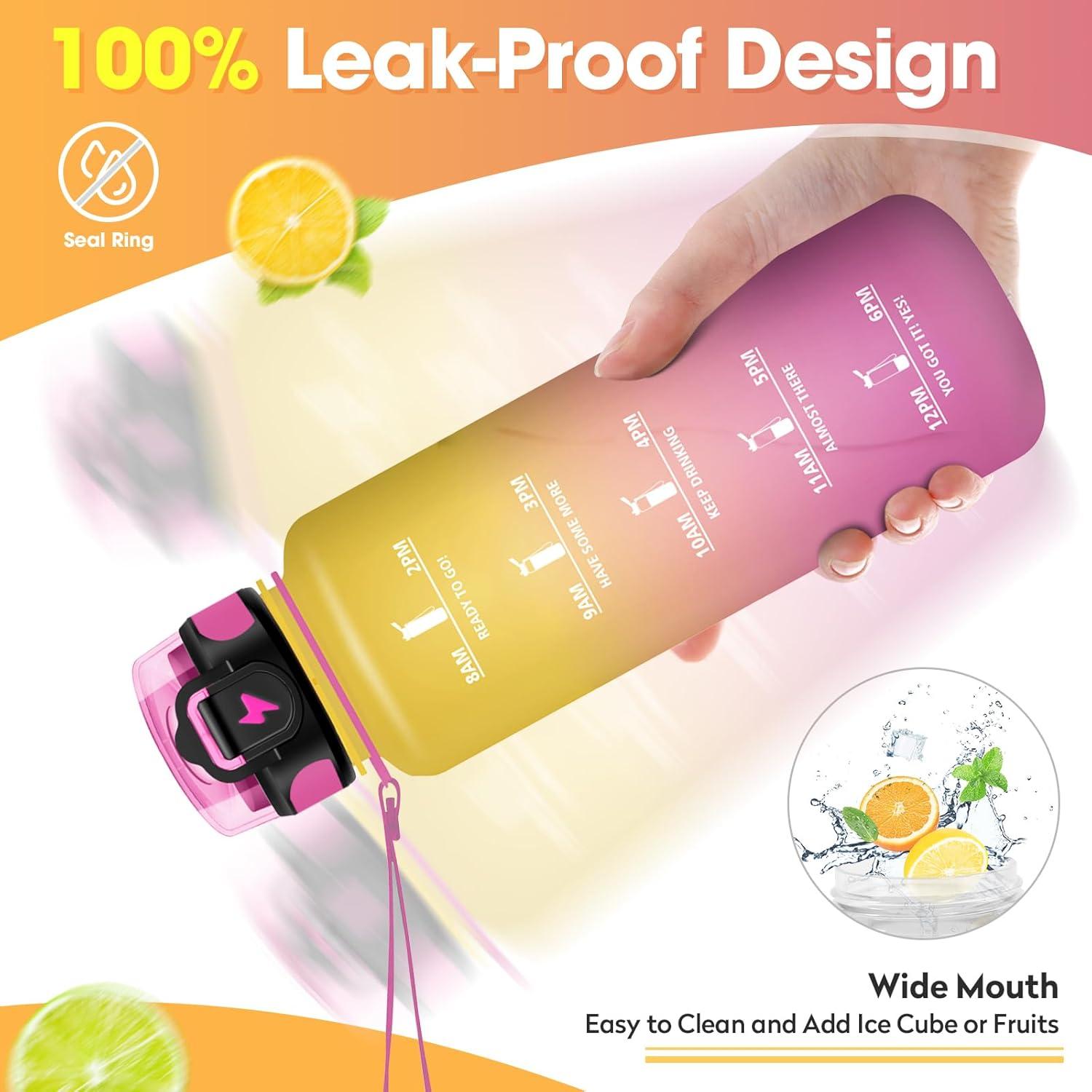 imageGourde 1L Gourde Sport Gourde avec Paille Rutilisable Rutilisable Bouteille deau avec Marqueur de Temps Water Bottle pour Adulte lcole Cyclisme Voyage Camping Fitness Yoga Bureau50oz1500ml Paille Jaune Rose